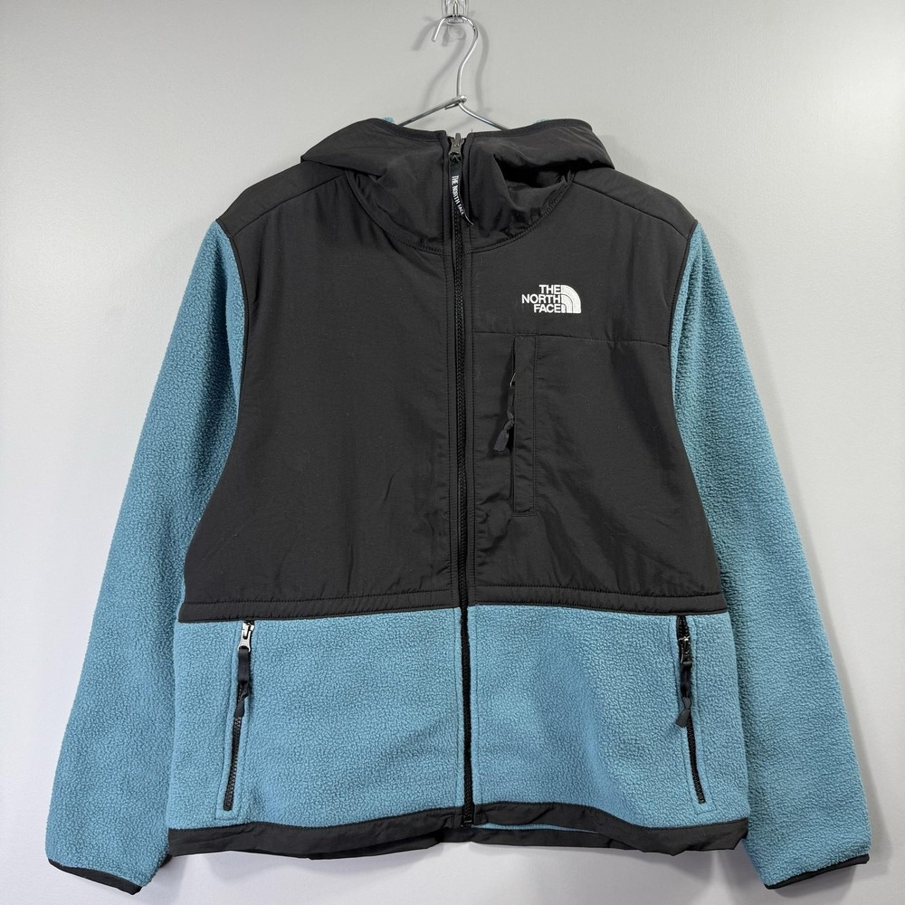 The North Face Fleece Jacket Womens Medium Blue Black Hooded Full Zip Outdoor